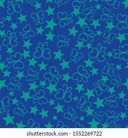 Seamless pattern with stylized  butterflys and stars on blue background. Endless texture for your design,  fabrics.