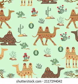 Seamless pattern with stylized camels in different poses and cacti in oriental style on a lime background