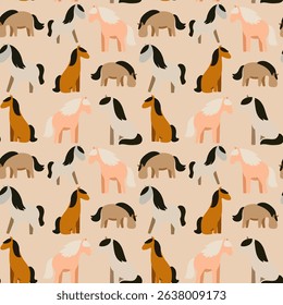 Seamless pattern of stylized cartoon horses in various poses and earthy tones on a muted gray background. Flat vector illustration, playful and minimalistic style, ideal for children's textiles