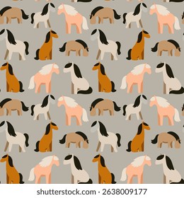 Seamless pattern of stylized cartoon horses in various poses and earthy tones on a muted gray background. Flat vector illustration, playful and minimalistic style, ideal for children's textiles