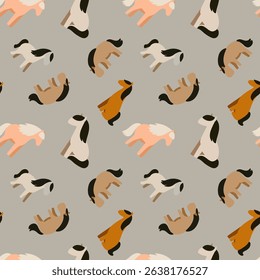 Seamless pattern of stylized cartoon horses in various poses and earthy tones on a muted gray background. Flat vector illustration, playful and minimalistic style, ideal for children's textiles	