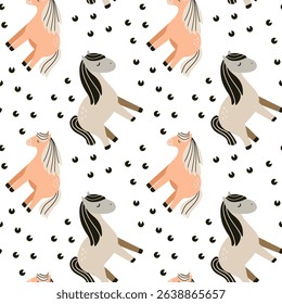 Seamless pattern of stylized cartoon horses in various poses and earthy tones on a muted gray background. Flat vector illustration, playful and minimalistic style, ideal for children's textiles	
