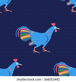 Seamless pattern with stylized cartoon peacock