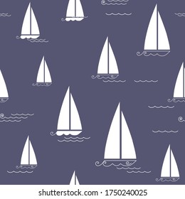 Seamless pattern with stylized cartoon sailboats and sea wave. Vector illustration.