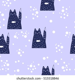 Seamless pattern with stylized cat, snow and fish. 