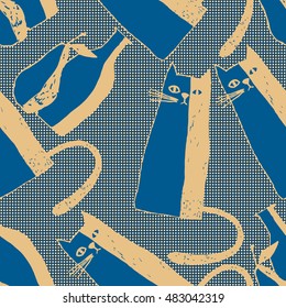 Seamless pattern with stylized cat, vase and pear. Naive style.