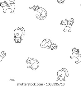 Seamless pattern with stylized cats, black and white on a white background, sketches hand drawing, vector illustration