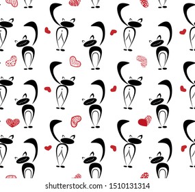 Seamless pattern. Stylized cats black shape and red hearts on white background. Vector illustration.
