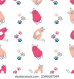 Seamless pattern with stylized cats with cat tracks on a white background. Cute color. Vector