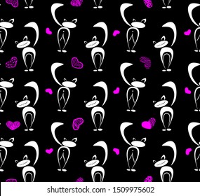 Seamless pattern. Stylized cats white shape and pink hearts on black background. Vector illustration.