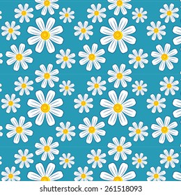 A seamless pattern with stylized chamomile flowers on bright blue background. Vector illustration.