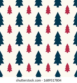 seamless pattern with stylized christmas forest of  trees. Blue and Red Fir Trees Vector Seamless Pattern. Perfect for kids apparel, fabric, textile, nursery decoration. 