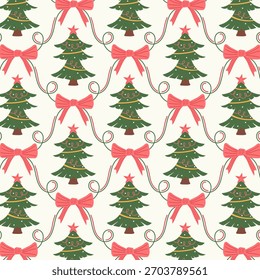 A seamless pattern with a stylized Christmas tree and a pink bow in a vintage frame. A festive background for wrapping paper or fabric designs. Vector.