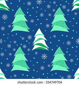 Seamless pattern with stylized Christmas tree and snowflakes, in white, blue and green colors.