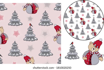 Seamless pattern with stylized Christmas trees and Christmas bear. Separate elements of a toy bear and a herringbone