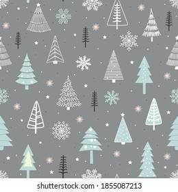 Seamless pattern with stylized Christmas trees on gray background
