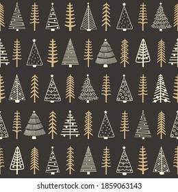 Seamless pattern with stylized Christmas trees on brown background