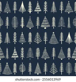 Seamless pattern with stylized Christmas trees on blue background