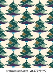 Seamless pattern with stylized Christmas trees in linocut and rustic style. Naive hand-drawn design with embroidery elements, perfect for holiday decor, textiles and winter-themed projects.