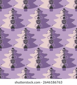 Seamless pattern with stylized Christmas trees in linocut and rustic style. Naive hand-drawn design with embroidery elements, perfect for holiday decor, textiles and winter-themed projects.