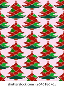 Seamless pattern with stylized Christmas trees in linocut and rustic style. Naive hand-drawn design with embroidery elements, perfect for holiday decor, textiles and winter-themed projects.
