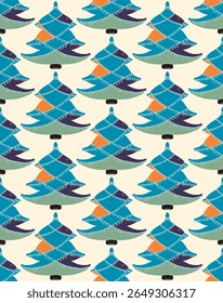 Seamless pattern with stylized Christmas trees in linocut and rustic style. Naive hand-drawn design with embroidery elements, perfect for holiday decor, textiles and winter-themed projects.
