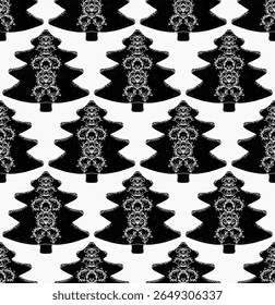 Seamless pattern with stylized Christmas trees in linocut and rustic style. Naive hand-drawn design with embroidery elements, perfect for holiday decor, textiles and winter-themed projects.