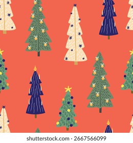 Seamless pattern stylized Christmas trees on a coral background. Hand drawn flat style, suitable for wrapping paper, and Christmas backgrounds.