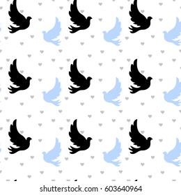 Seamless pattern with stylized color flying pigeons.Vector background.