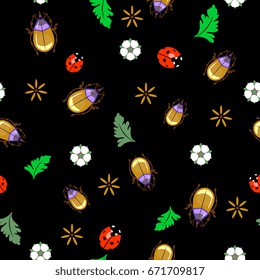 Seamless pattern with stylized colorful beetles and floral elements on a black background.