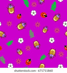 Seamless pattern with stylized colorful beetles and floral elements on magenta background.