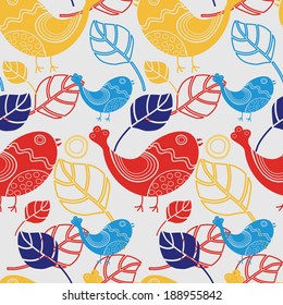 Seamless pattern with stylized colorful birds and leaves