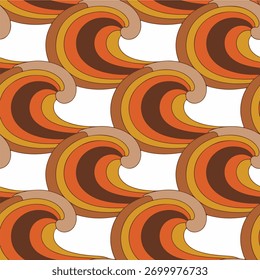 Seamless pattern of stylized, colorful ocean waves in warm tones of orange, brown, and yellow against a white background.