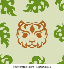 Seamless pattern with stylized colorful tiger and tropical leaves on a green background. Vector illustration for textile, wallpaper, background,  postcards, posters, banners, fabric, paper.