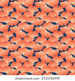 Padrão contínuo de folhas de ginkgo de coral estilizado em um fundo azul escuro, oferecendo um design botânico moderno e elegante para várias aplicações.