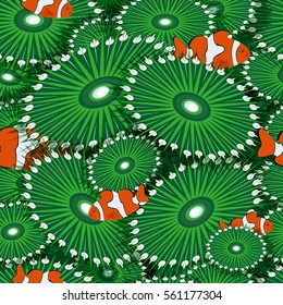 Seamless pattern of stylized coral and reef fish clowns.