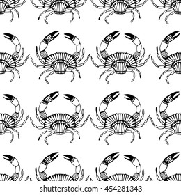 Seamless pattern with stylized crabs. Can be used for invitations, greeting cards, print, gift wrap.