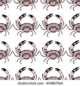 Seamless pattern with stylized crabs. Can be used for invitations, greeting cards, print, gift wrap. Sea food theme.