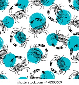Seamless pattern with stylized crabs. Can be used for invitations, greeting cards, print, gift wrap. Sea food theme.
