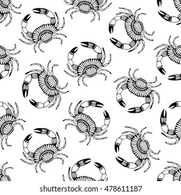 Seamless pattern with stylized crabs. Can be used for invitations, greeting cards, print, gift wrap. Sea food theme.