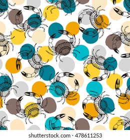 Seamless pattern with stylized crabs. Can be used for invitations, greeting cards, print, gift wrap. Sea food theme.