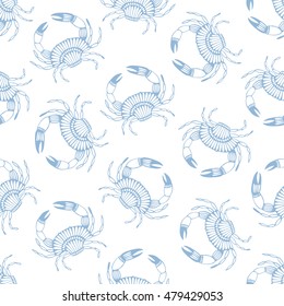 Seamless pattern with stylized crabs. Can be used for invitations, greeting cards, print, gift wrap. Sea food theme.