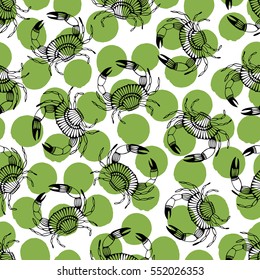 Seamless pattern with stylized crabs. Can be used for invitations, greeting cards, print, gift wrap. Sea food theme.