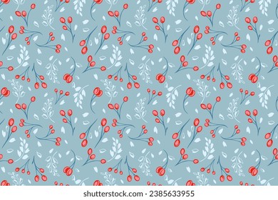 Seamless pattern with stylized creative branches, leaf silhouettes, red shapes, drops, dots, spots on a pastel blue background. Vector hand drawn. Template for design, textile, fashion, surface design