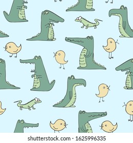 Seamless pattern of stylized crocodiles or alligators and yellow minimalistic birds Hand-drawn vector stock illustration on a blue background Cartoon children's crocodiles with different emotions
