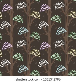 seamless pattern with stylized crooked brown trunks of trees and bright crowns of blue, green, yellow, pink and white leaves. Magic strange tropical trees on brown background, contrast wallpaper