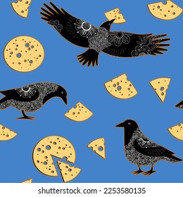 Seamless pattern with stylized crows and peases of cheese. Vector illustration, decorative background. 
