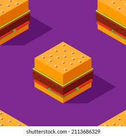 Seamless pattern of stylized cubic burgers on purple background. Retro design concept, Clipping mask used.