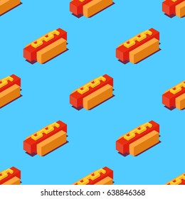 Seamless pattern of stylized cubic hot dogs on blue background. Retro design concept, Clipping mask used.