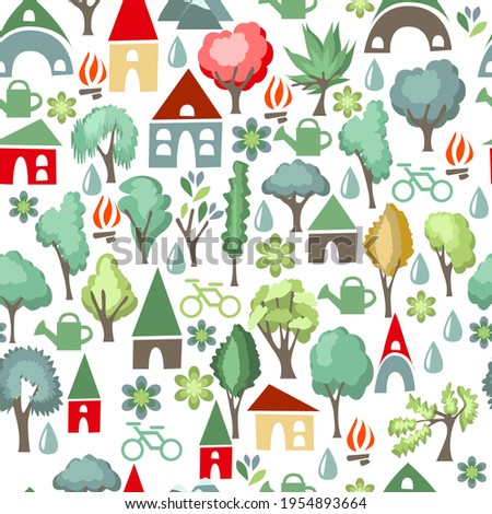 Seamless pattern with stylized cue houses and trees. Pretty endless texture for your design.